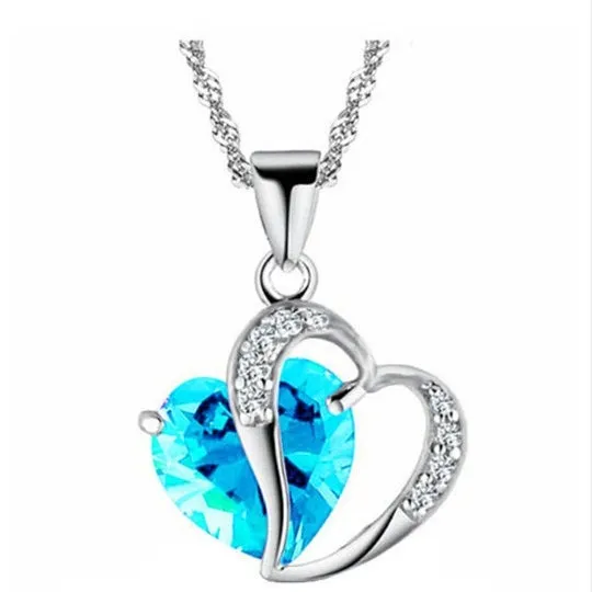 10% OFF- Women Heart Pink, Water Blue, Purple Gem Rhinestone Pendant-Silver Necklace A2019