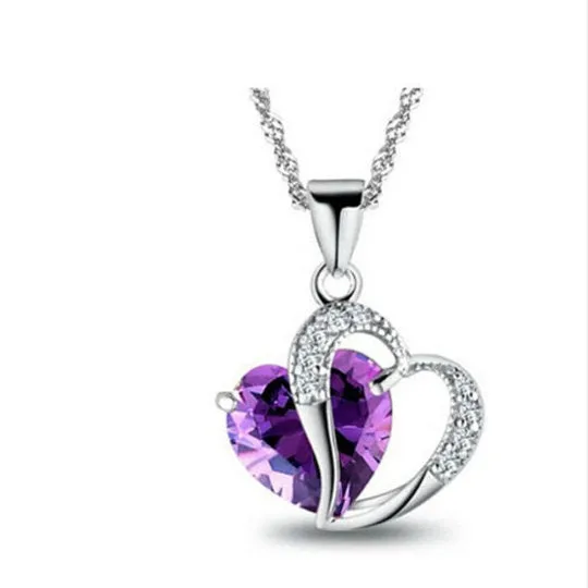 10% OFF- Women Heart Pink, Water Blue, Purple Gem Rhinestone Pendant-Silver Necklace A2019