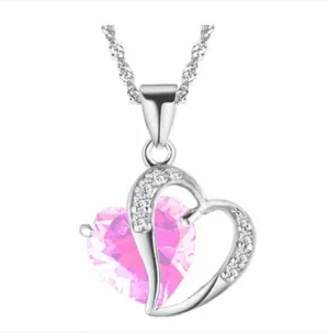 10% OFF- Women Heart Pink, Water Blue, Purple Gem Rhinestone Pendant-Silver Necklace A2019