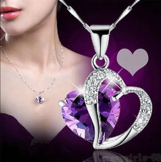 10% OFF- Women Heart Pink, Water Blue, Purple Gem Rhinestone Pendant-Silver Necklace A2019