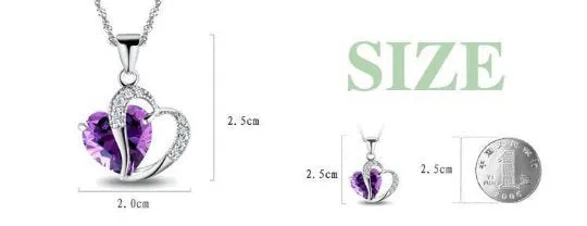 10% OFF- Women Heart Pink, Water Blue, Purple Gem Rhinestone Pendant-Silver Necklace A2019