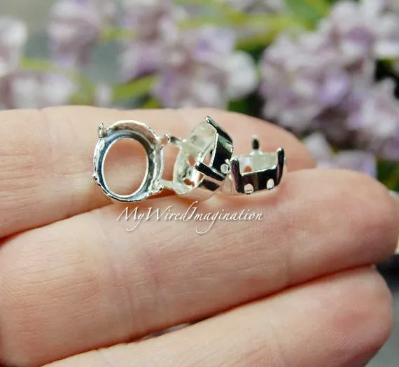 12x10mm Oval, Art 4100, Crystal Rhinestone or Gemstone Sew On Setting, Silver plated