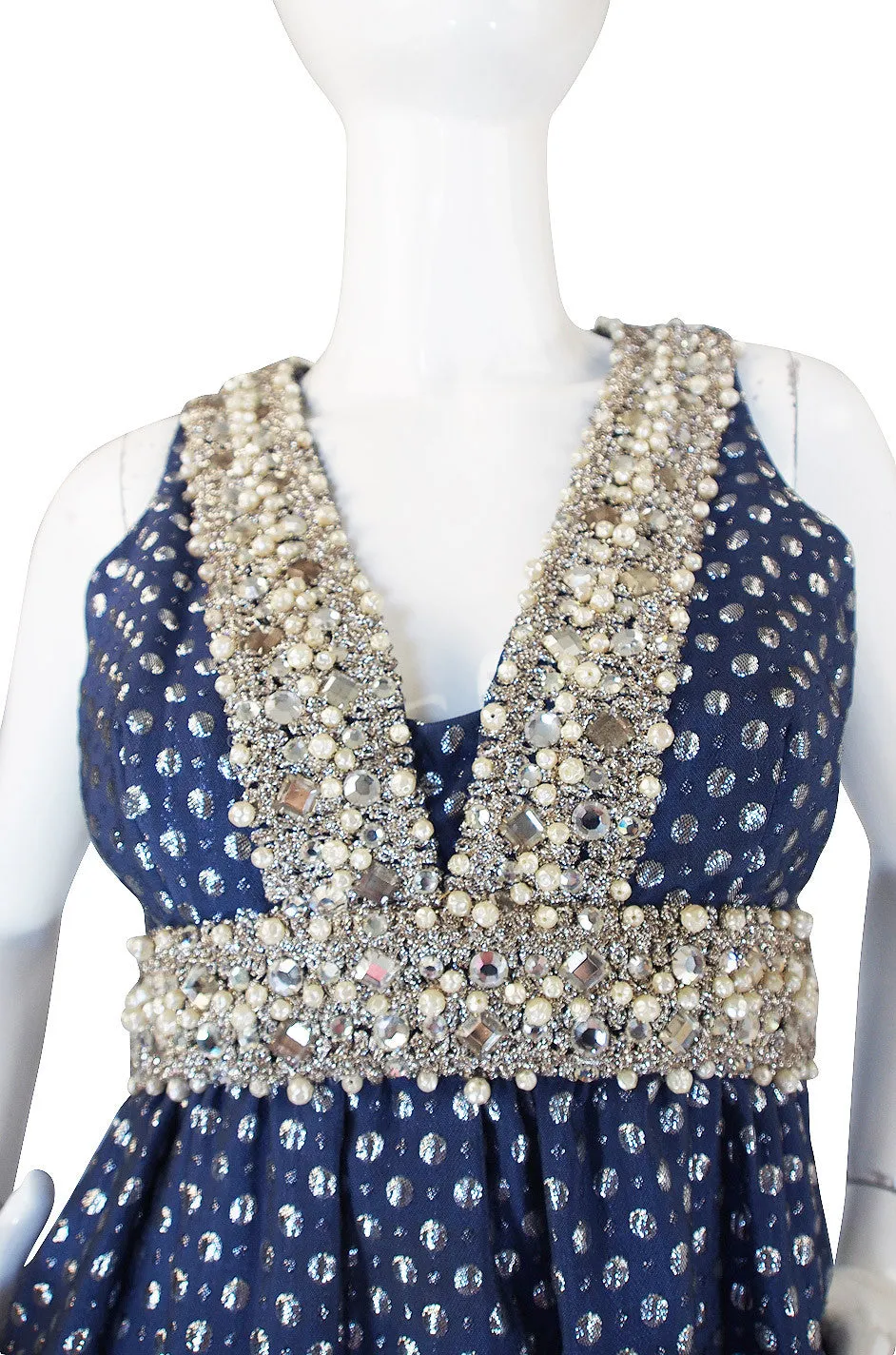 1960s Oscar De la Renta Heavy Beaded Silver Gown