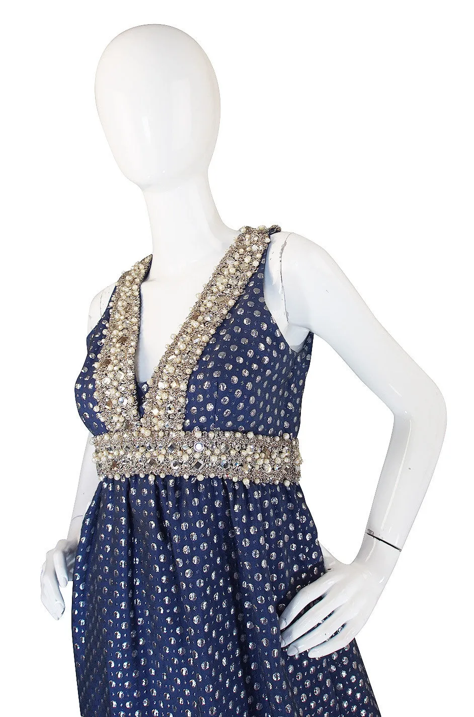 1960s Oscar De la Renta Heavy Beaded Silver Gown