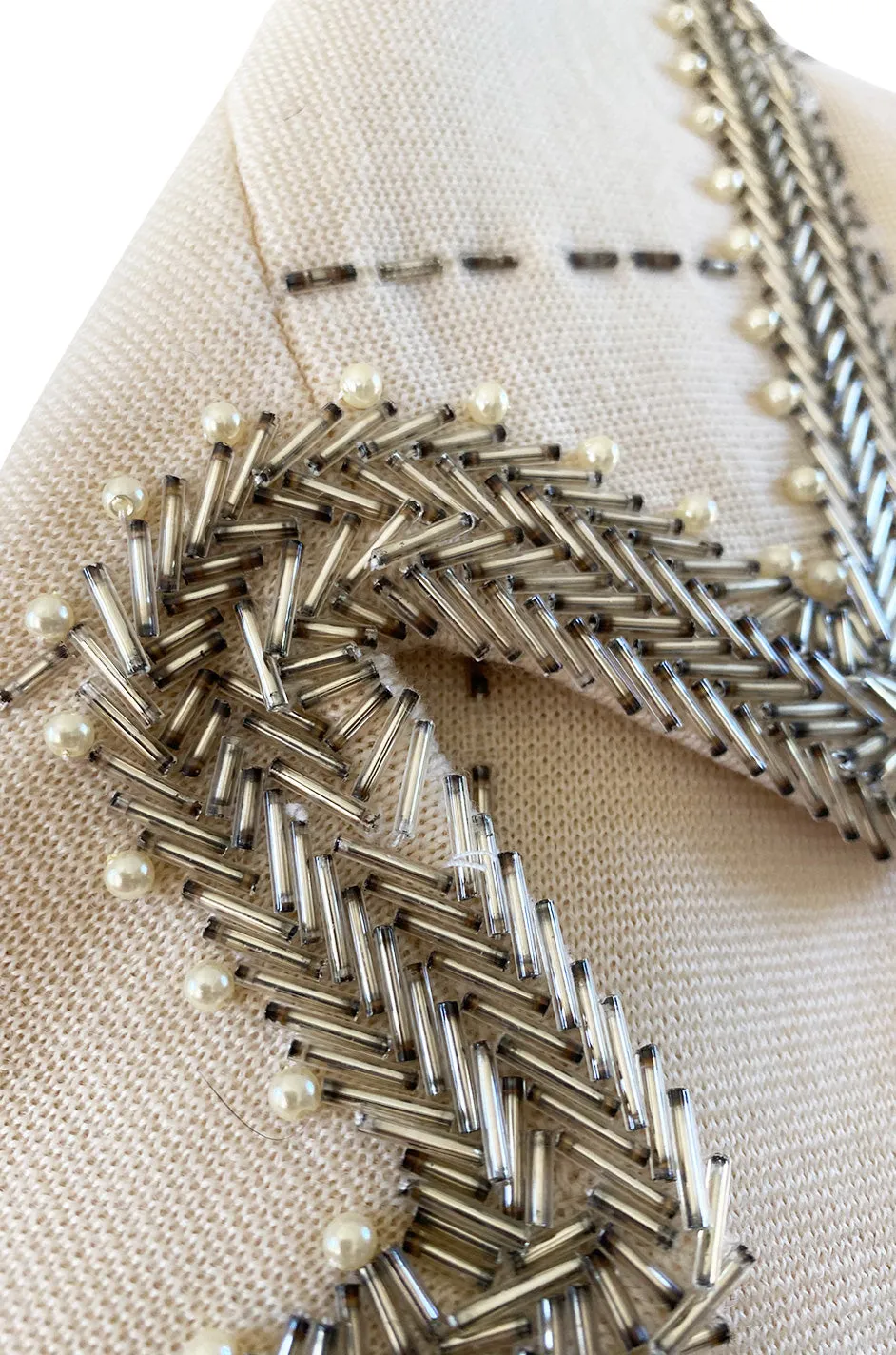 1960s Unlabeled Mr. Blackwell Beaded Ivory Wool Jersey Coat