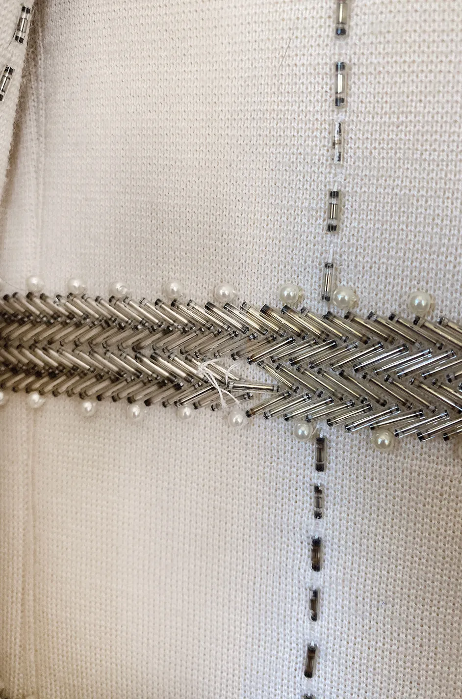 1960s Unlabeled Mr. Blackwell Beaded Ivory Wool Jersey Coat