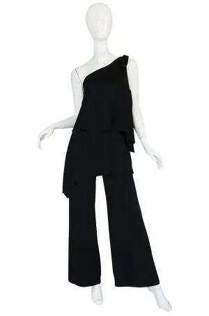 1970s Black Jersey One Shoulder Tiered Jumpsuit
