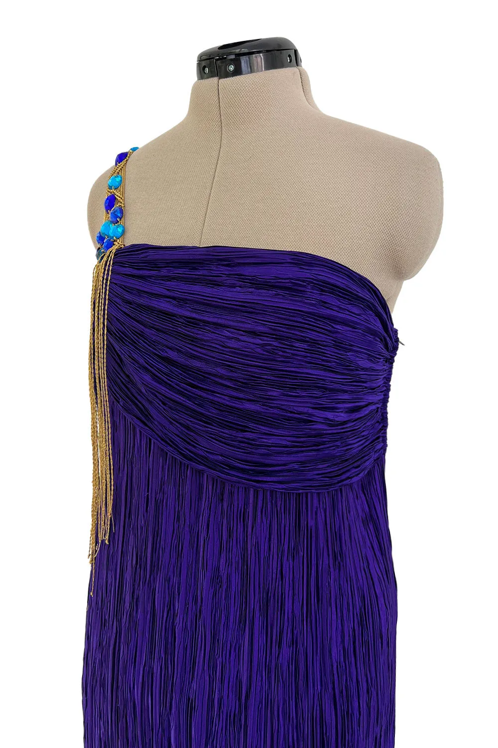 1980s Mary McFadden Purple Pleated Dress w Elaborate Beaded Gold Cord Shoulder
