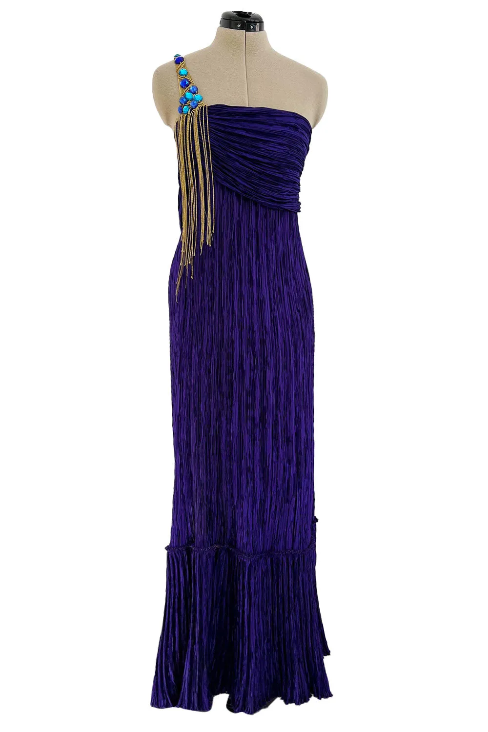 1980s Mary McFadden Purple Pleated Dress w Elaborate Beaded Gold Cord Shoulder