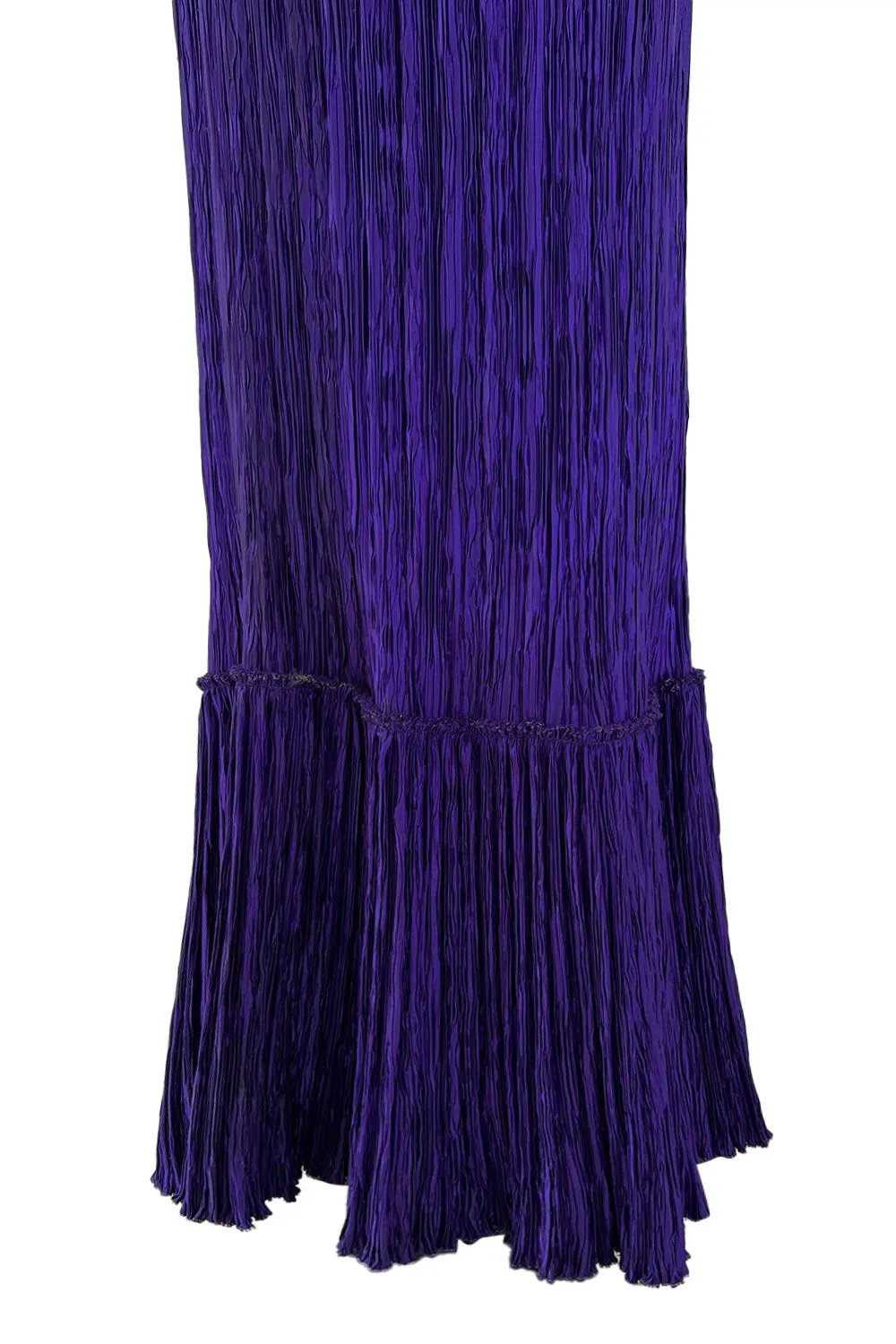 1980s Mary McFadden Purple Pleated Dress w Elaborate Beaded Gold Cord Shoulder