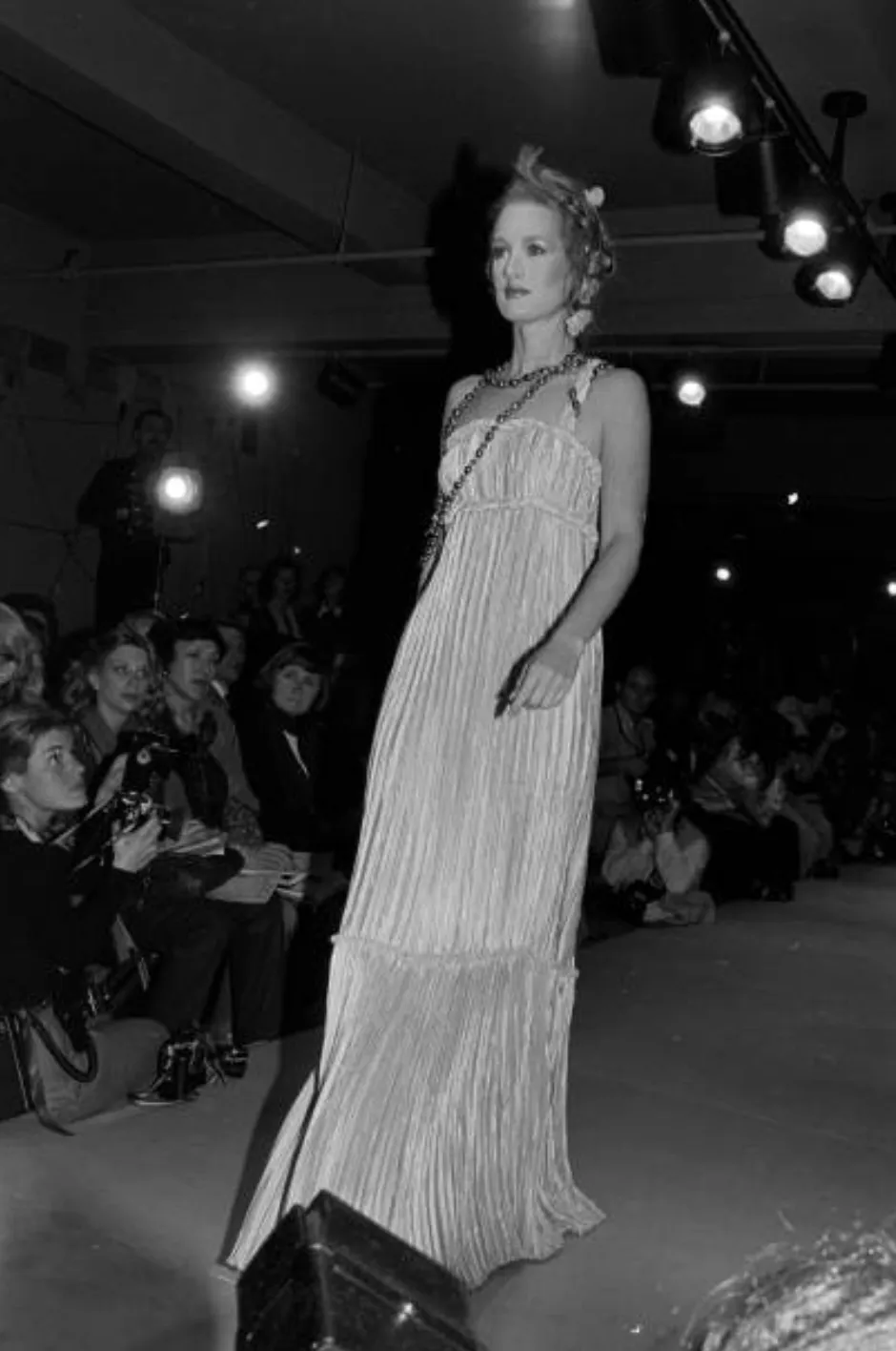 1980s Mary McFadden Purple Pleated Dress w Elaborate Beaded Gold Cord Shoulder