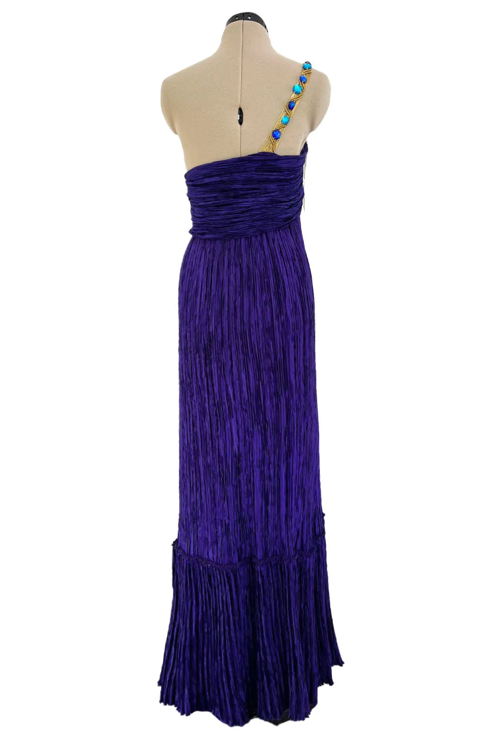 1980s Mary McFadden Purple Pleated Dress w Elaborate Beaded Gold Cord Shoulder
