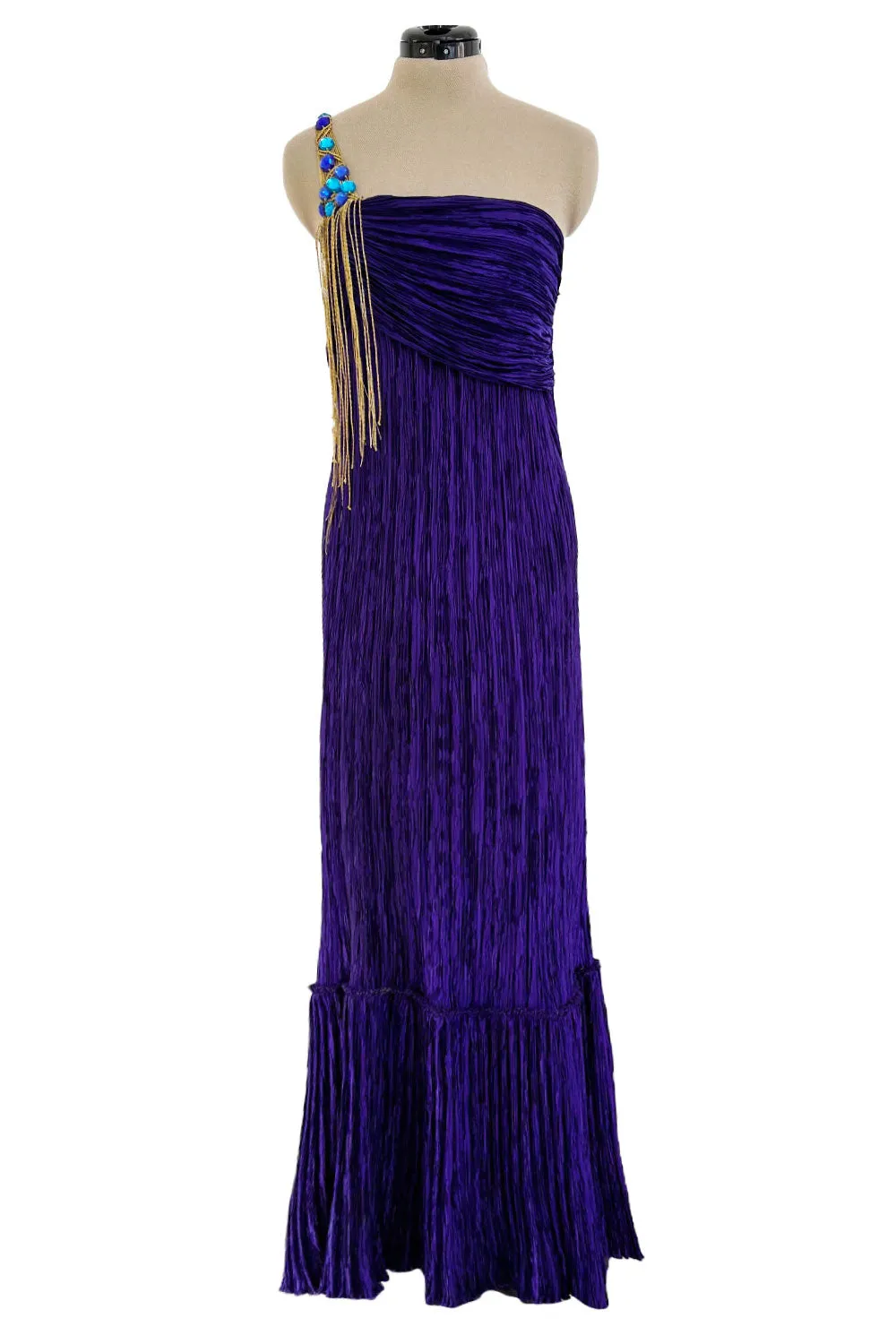 1980s Mary McFadden Purple Pleated Dress w Elaborate Beaded Gold Cord Shoulder