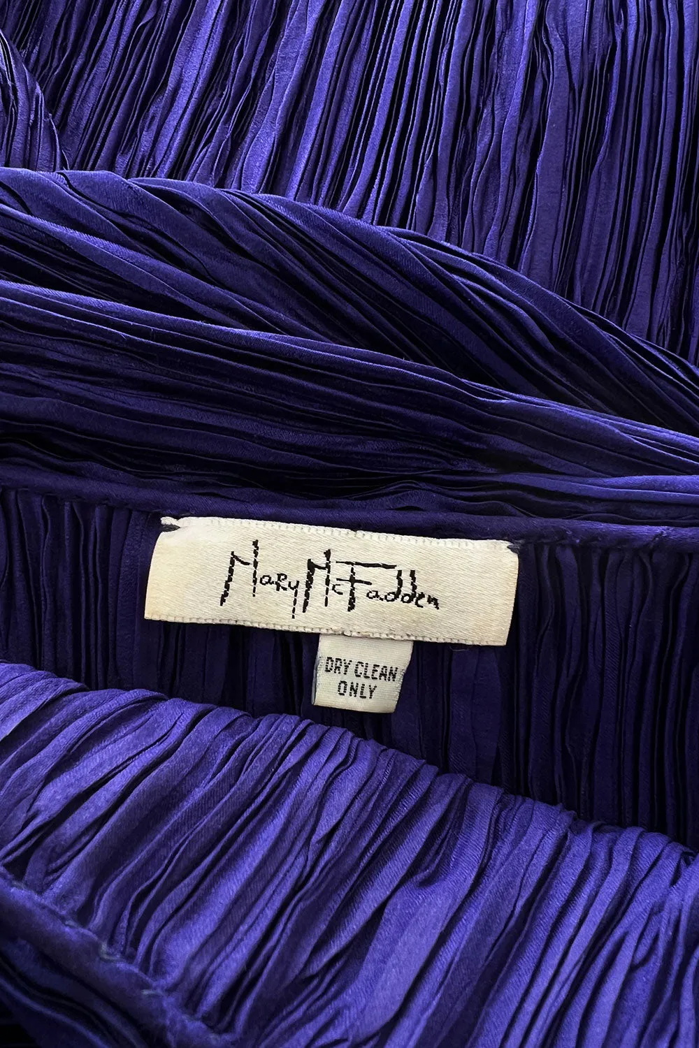 1980s Mary McFadden Purple Pleated Dress w Elaborate Beaded Gold Cord Shoulder