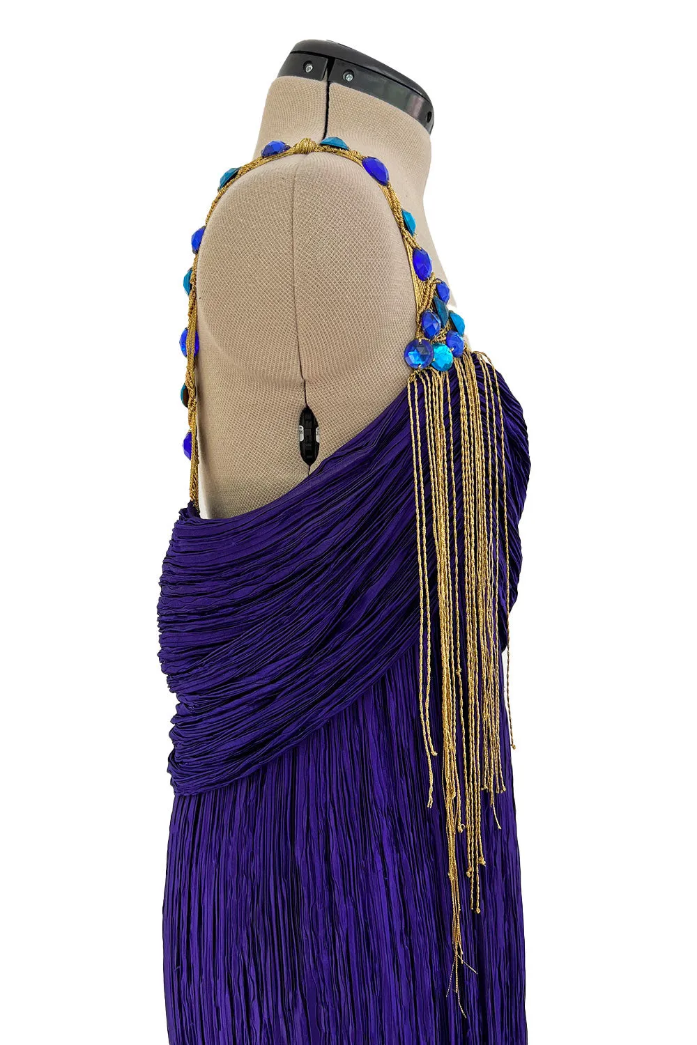 1980s Mary McFadden Purple Pleated Dress w Elaborate Beaded Gold Cord Shoulder