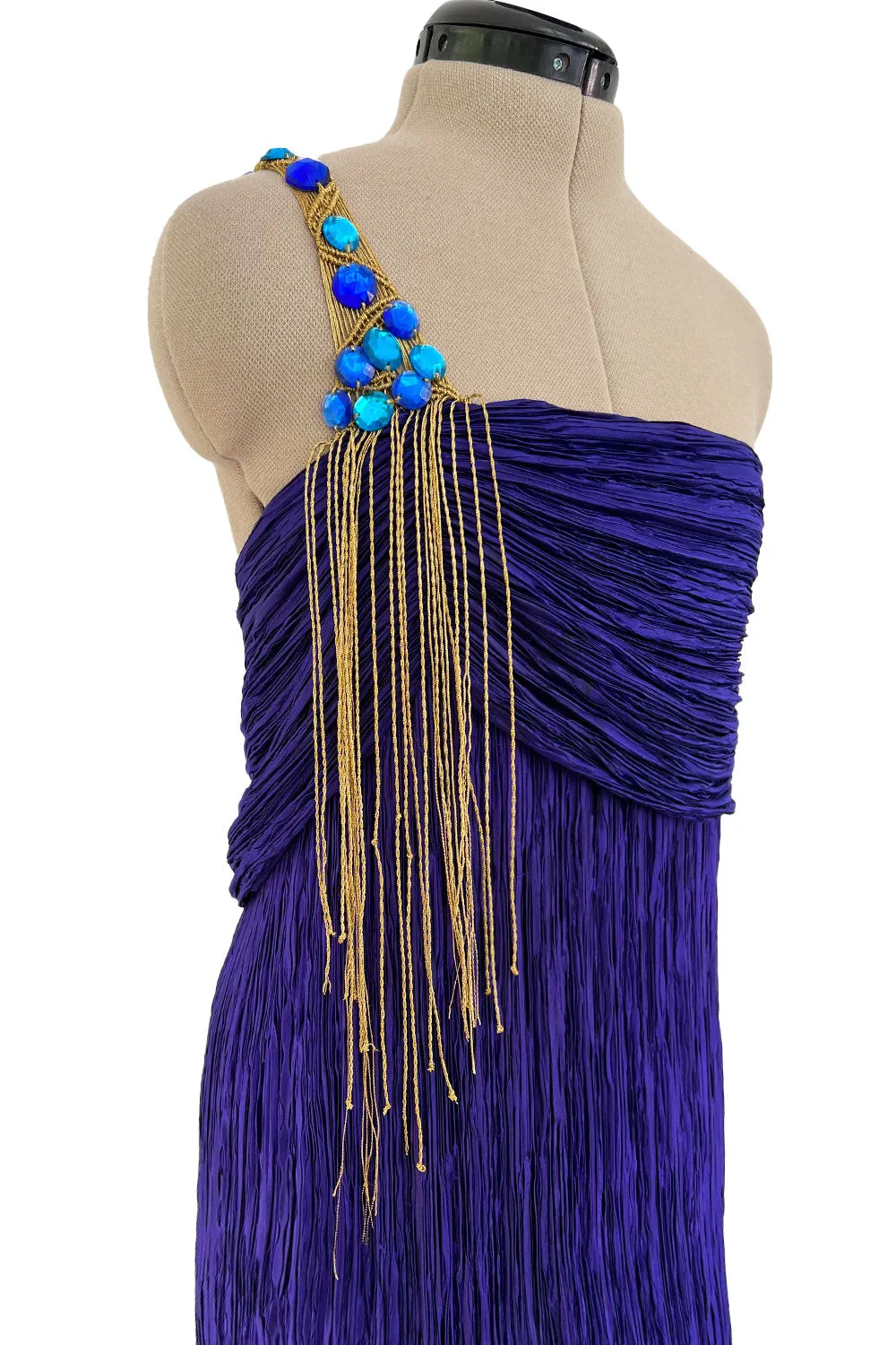 1980s Mary McFadden Purple Pleated Dress w Elaborate Beaded Gold Cord Shoulder