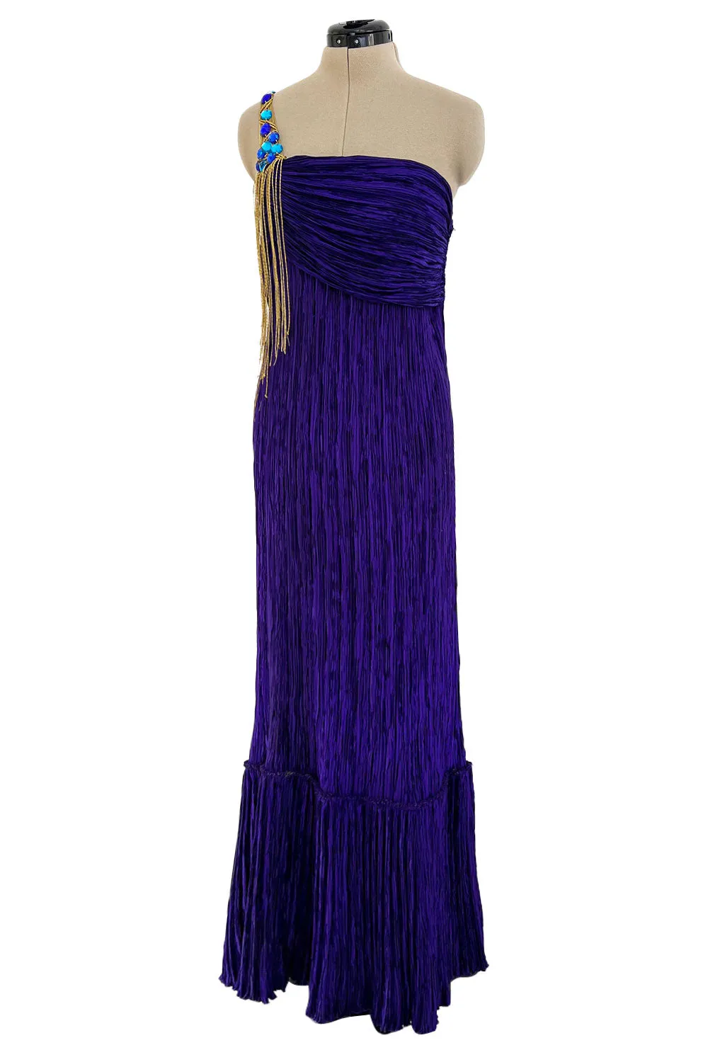 1980s Mary McFadden Purple Pleated Dress w Elaborate Beaded Gold Cord Shoulder