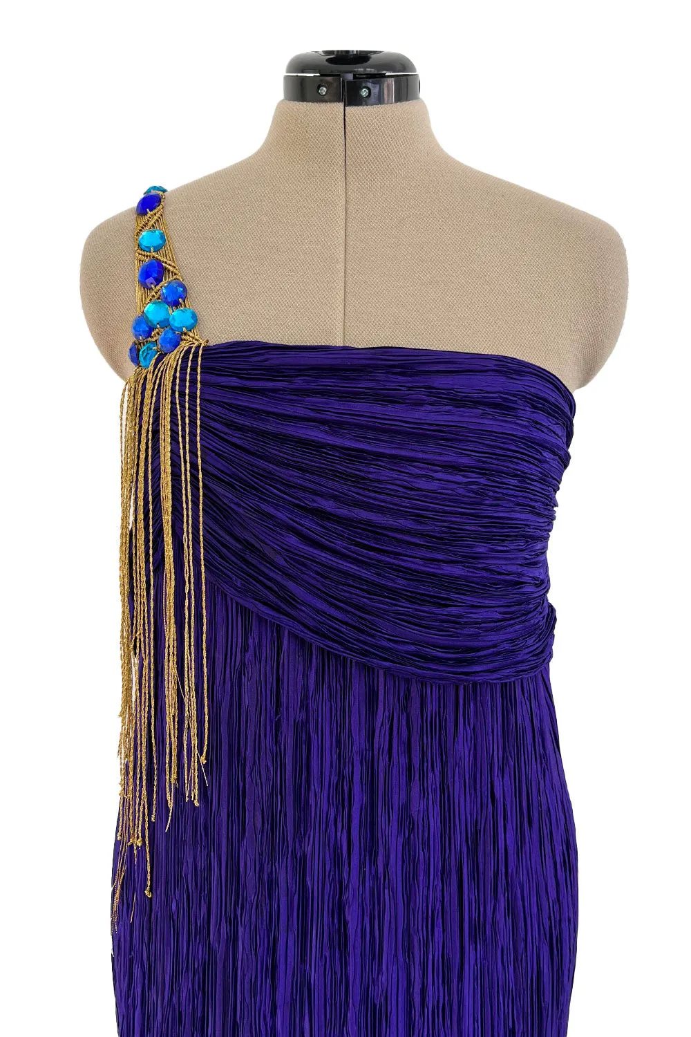 1980s Mary McFadden Purple Pleated Dress w Elaborate Beaded Gold Cord Shoulder