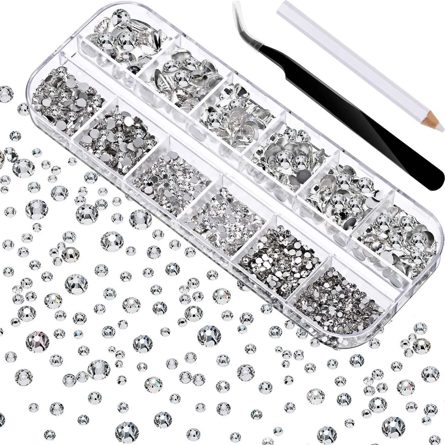 2000 Pieces Flat Back Gems Round Crystal Rhinestones 6 Sizes (1.5-6 mm) with Pick Up Tweezer and Rhinestones Picking Pen for Crafts Nail Face Art Clothes Shoes Bags DIY (Clear)
