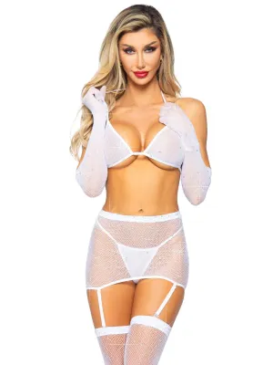 5 Pc Rhinestone Bikini, G-String, Garter, Gloves & Stockings White