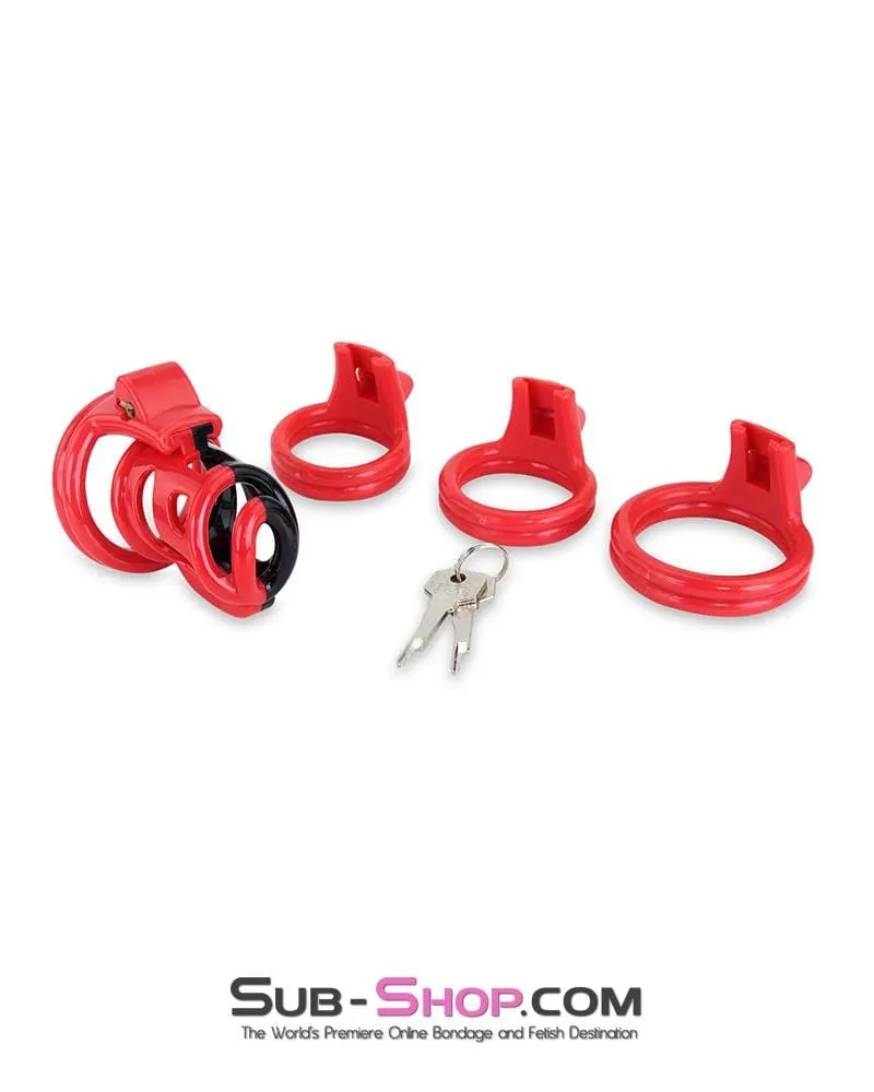 6967AE      Cock Teasing Domme High Security Red and Black Locking Male Chastity Sensation Device