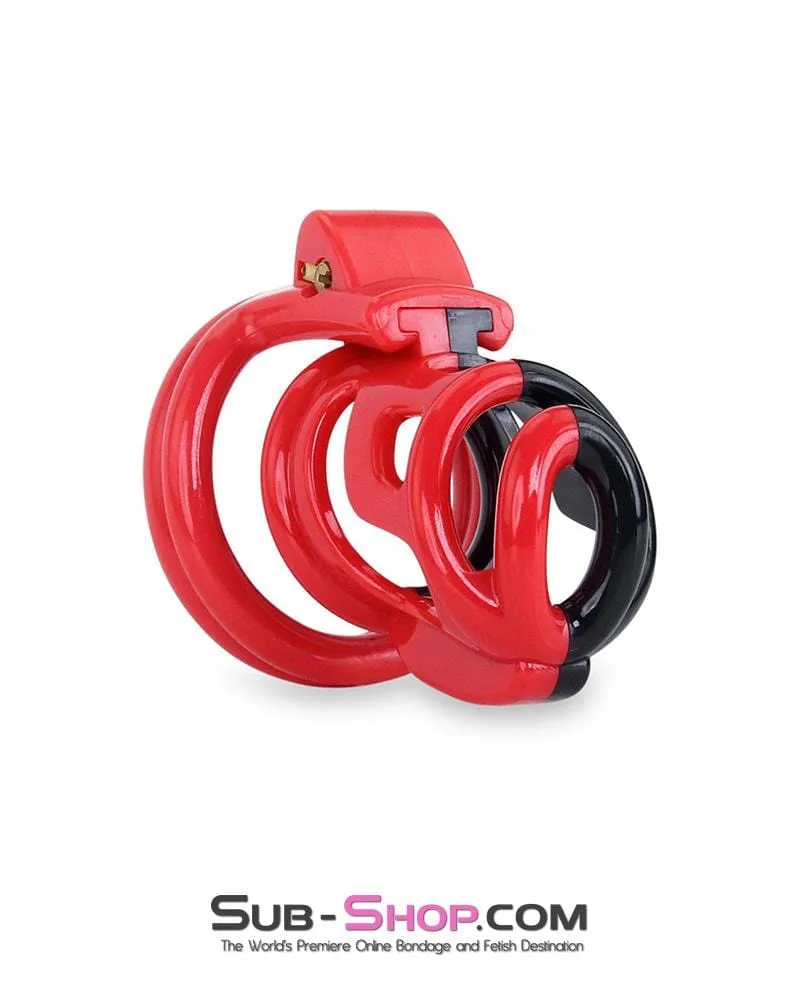 6967AE      Cock Teasing Domme High Security Red and Black Locking Male Chastity Sensation Device