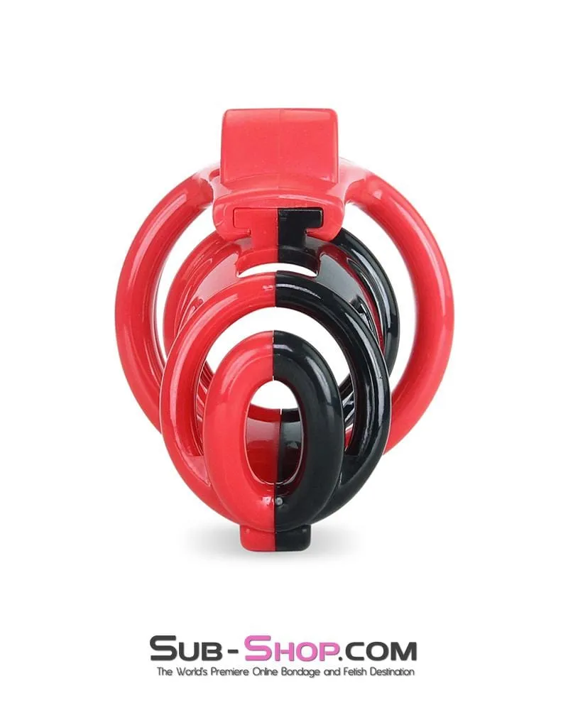6967AE      Cock Teasing Domme High Security Red and Black Locking Male Chastity Sensation Device