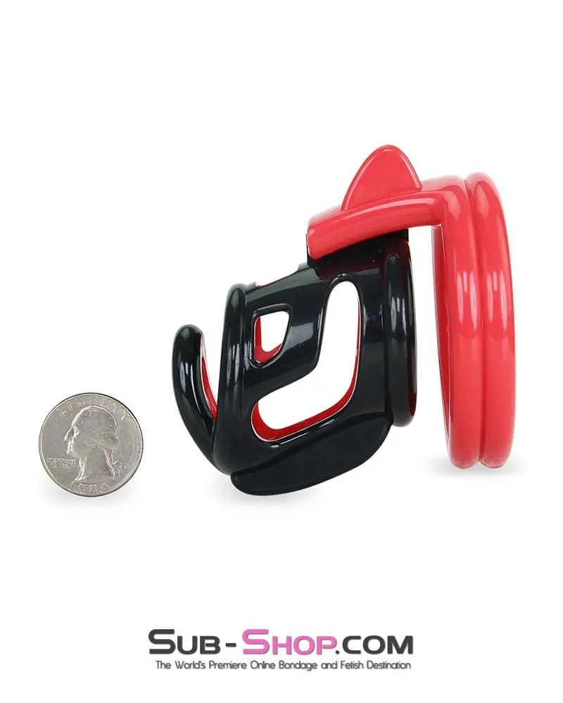 6967AE      Cock Teasing Domme High Security Red and Black Locking Male Chastity Sensation Device