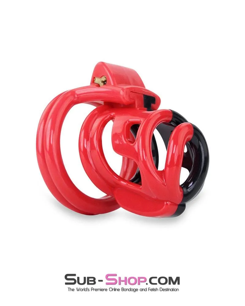 6967AE      Cock Teasing Domme High Security Red and Black Locking Male Chastity Sensation Device
