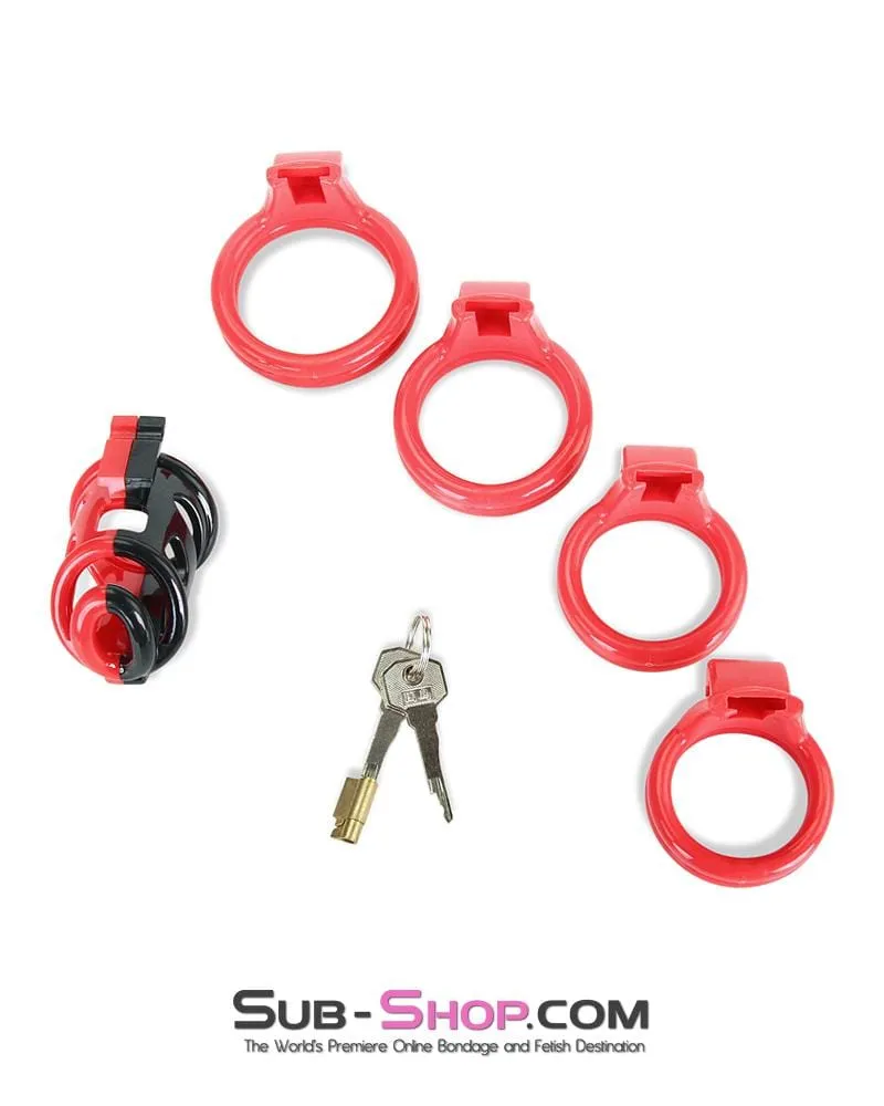 6967AE      Cock Teasing Domme High Security Red and Black Locking Male Chastity Sensation Device