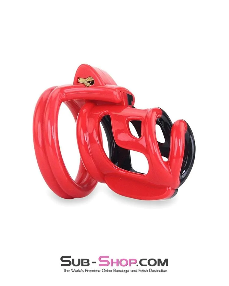 6967AE      Cock Teasing Domme High Security Red and Black Locking Male Chastity Sensation Device