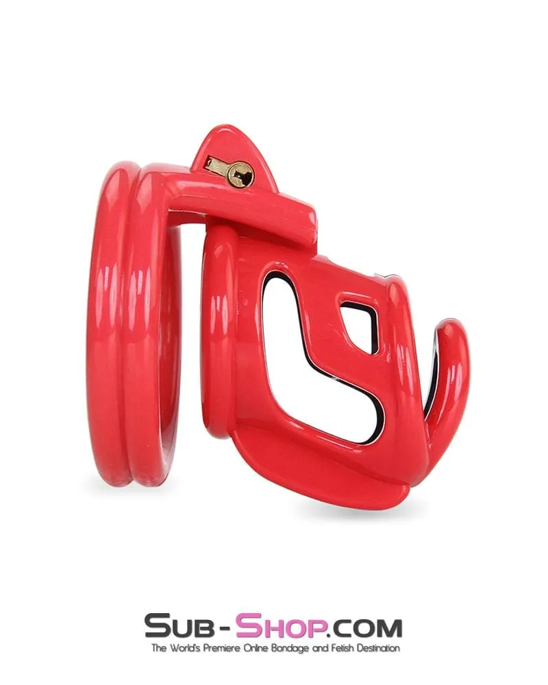 6967AE      Cock Teasing Domme High Security Red and Black Locking Male Chastity Sensation Device