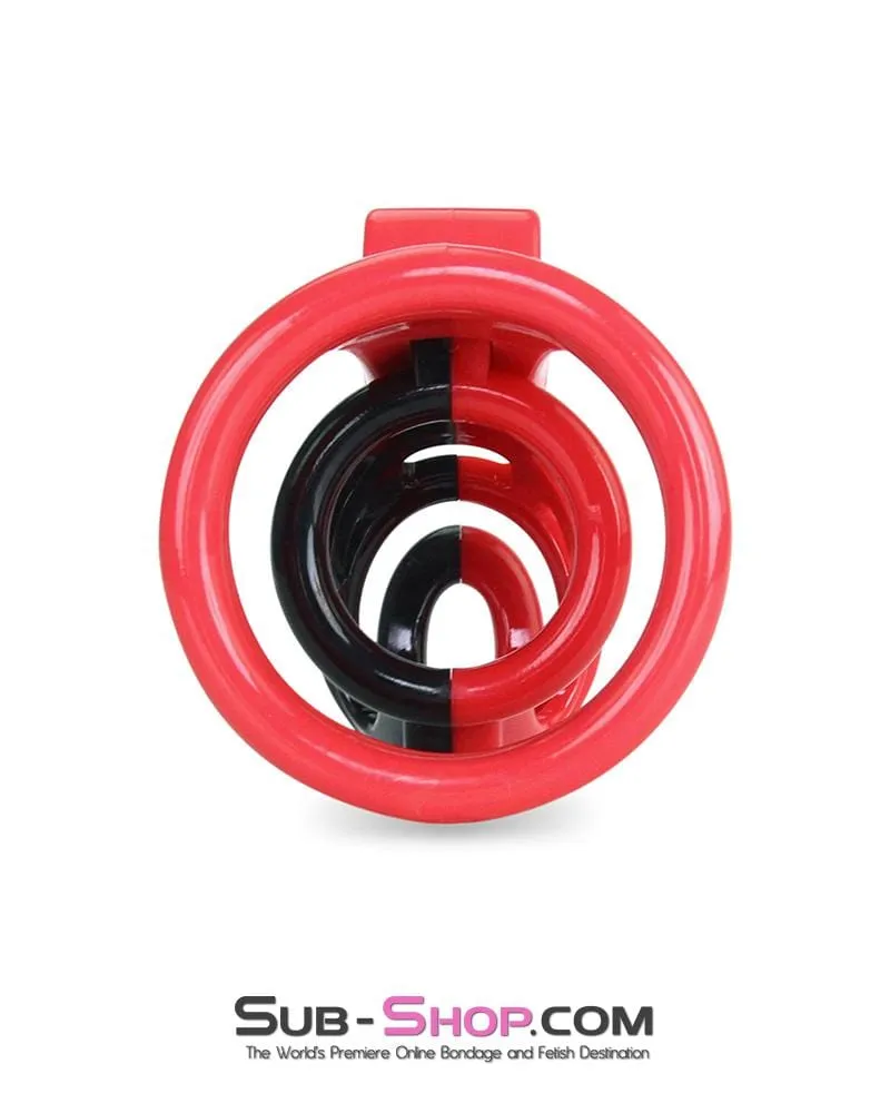 6967AE      Cock Teasing Domme High Security Red and Black Locking Male Chastity Sensation Device