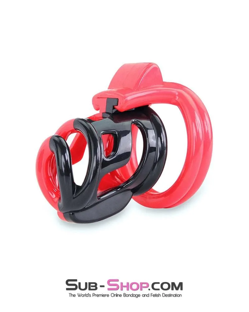 6967AE      Cock Teasing Domme High Security Red and Black Locking Male Chastity Sensation Device