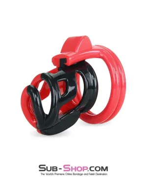 6967AE      Cock Teasing Domme High Security Red and Black Locking Male Chastity Sensation Device