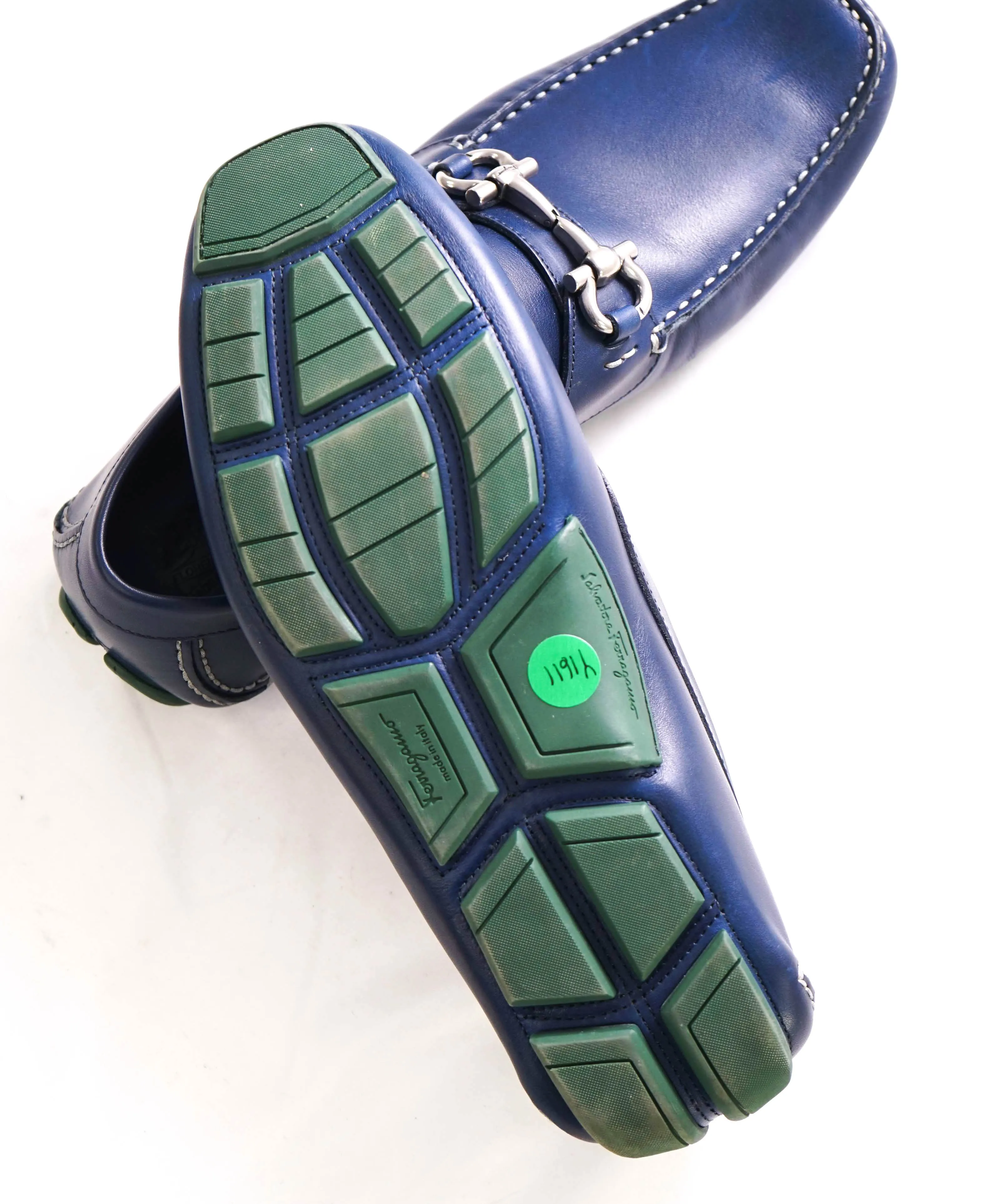 $795 SALVATORE FERRAGAMO - Classic Blue/Green Leather Parigi Slip On Loafers - 9.5 D