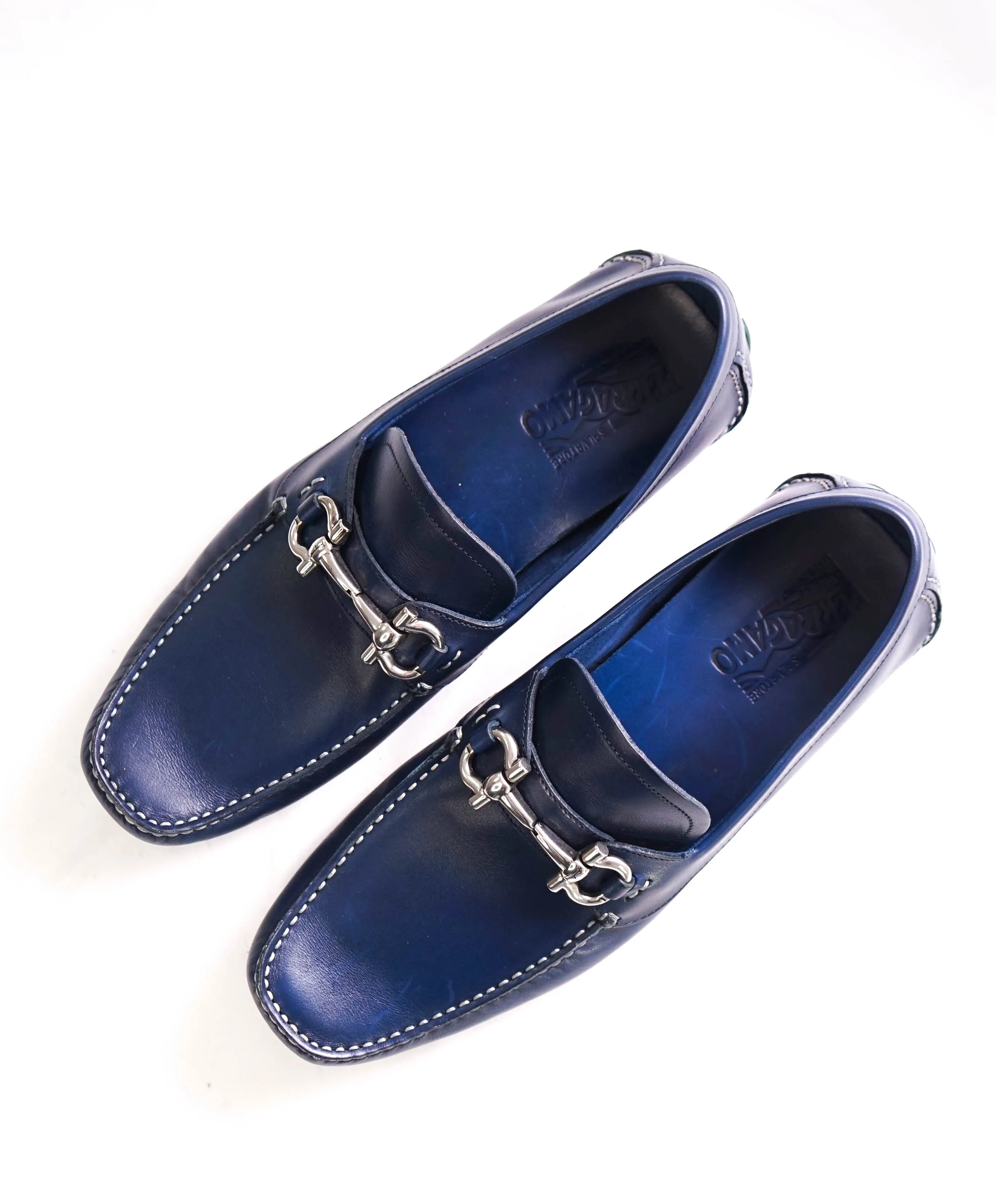 $795 SALVATORE FERRAGAMO - Classic Blue/Green Leather Parigi Slip On Loafers - 9.5 D