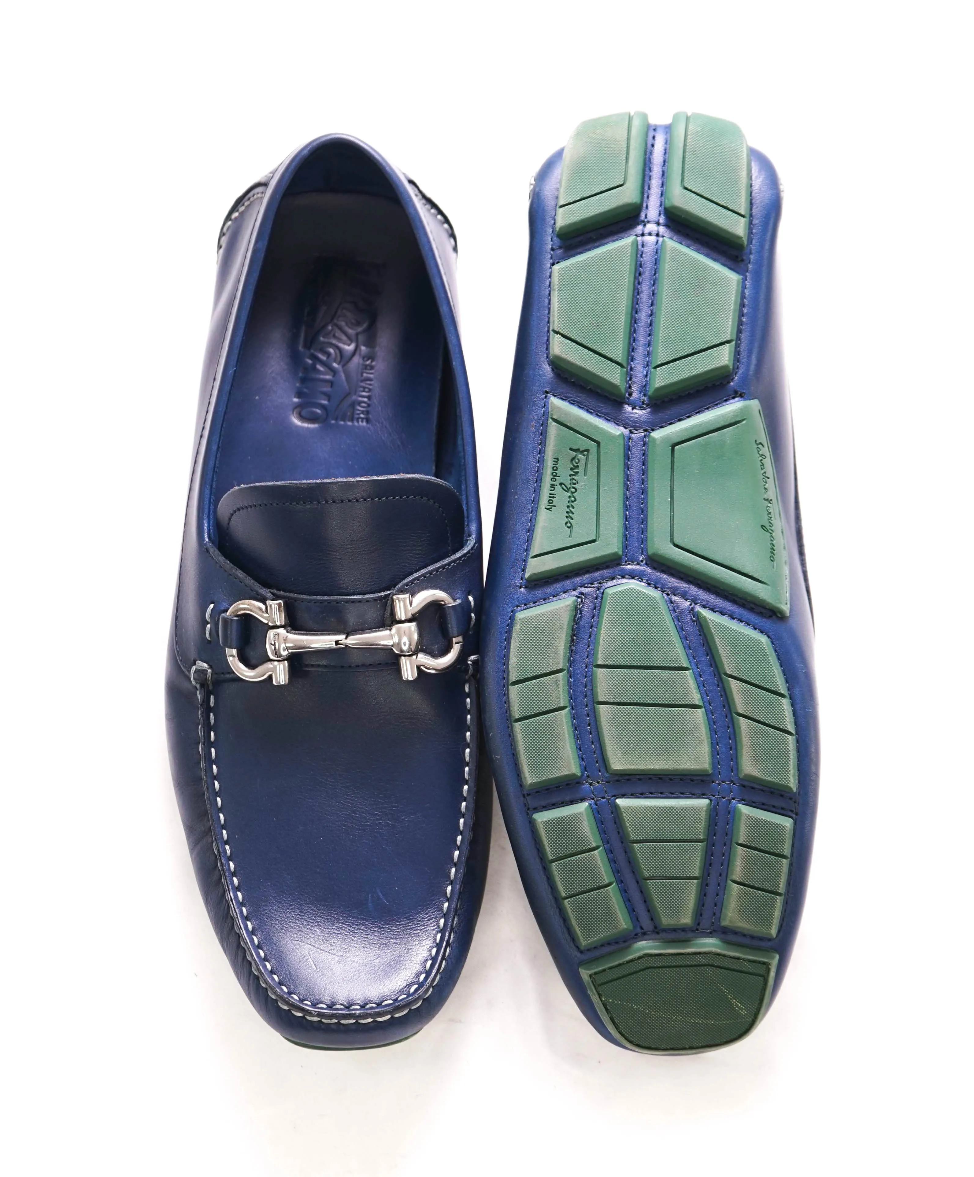 $795 SALVATORE FERRAGAMO - Classic Blue/Green Leather Parigi Slip On Loafers - 9.5 D