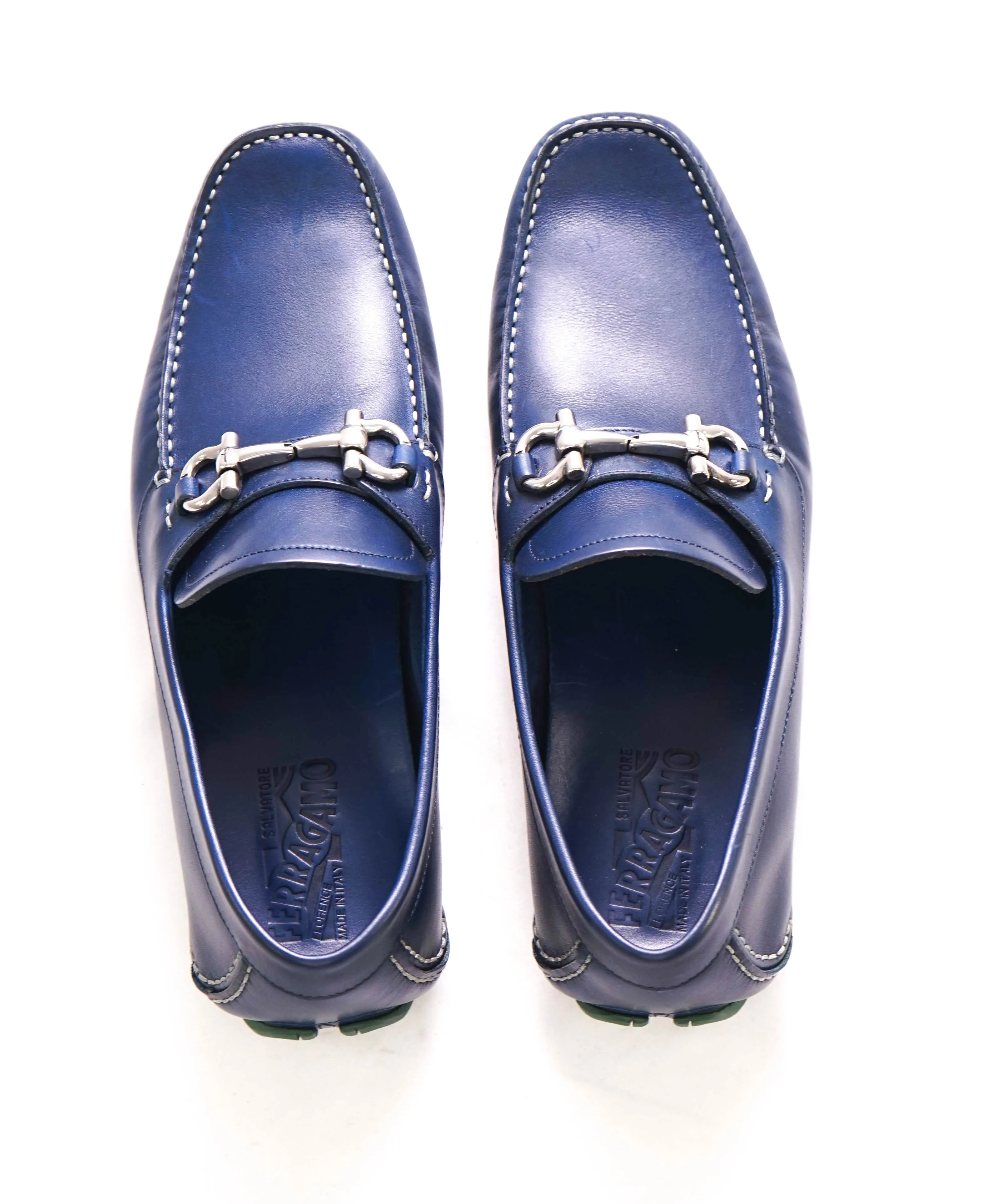 $795 SALVATORE FERRAGAMO - Classic Blue/Green Leather Parigi Slip On Loafers - 9.5 D
