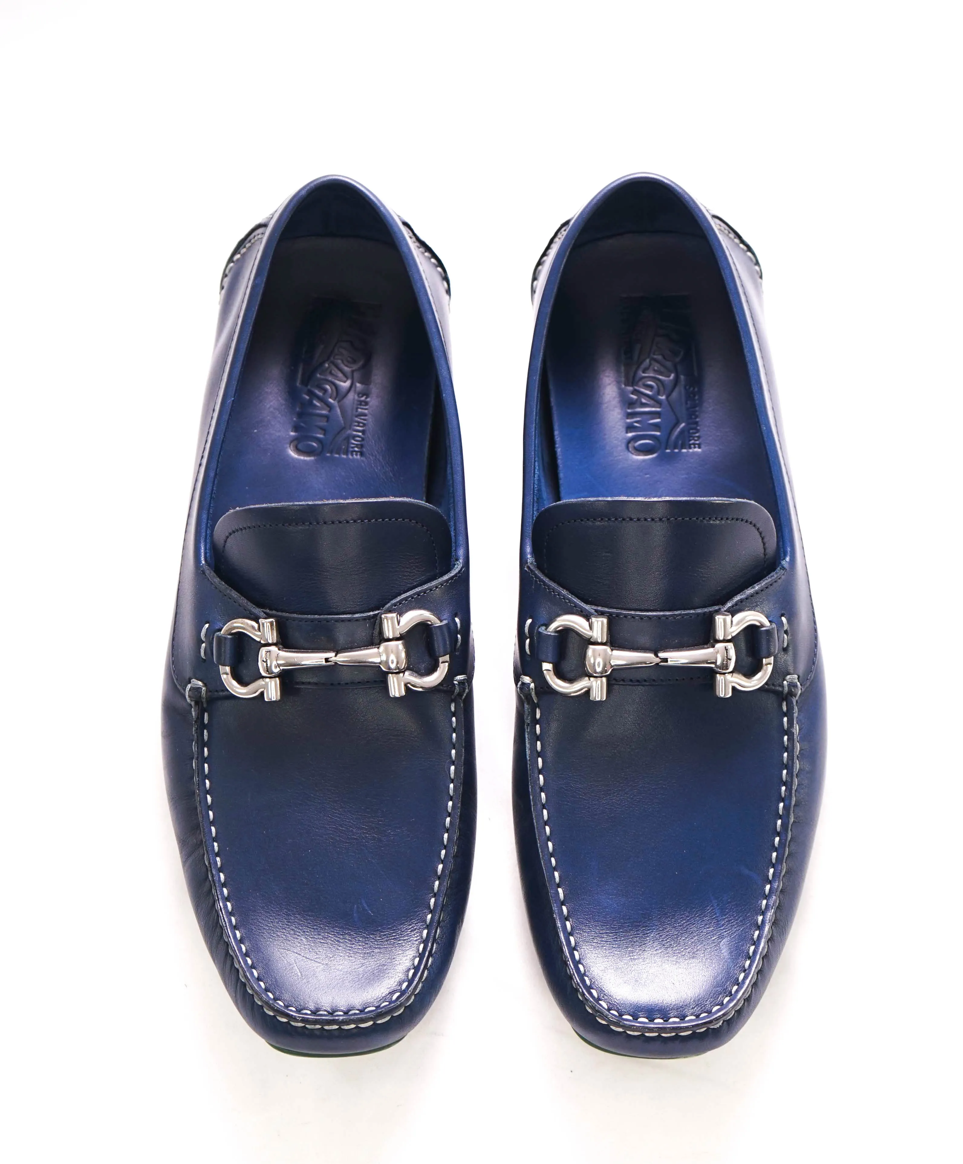 $795 SALVATORE FERRAGAMO - Classic Blue/Green Leather Parigi Slip On Loafers - 9.5 D
