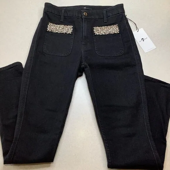 7 For All Mankind Jeans 25 High Waist Skinny Rhinestone Pocket Rinsed Bl…