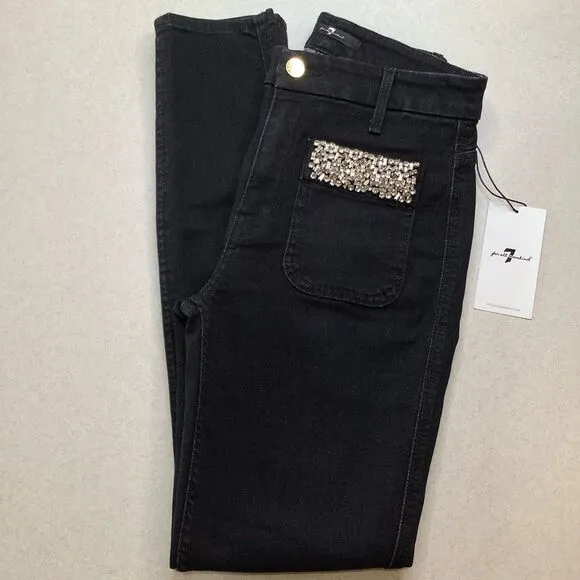 7 For All Mankind Jeans 25 High Waist Skinny Rhinestone Pocket Rinsed Bl…