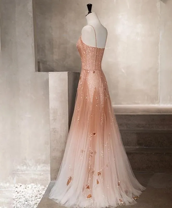 A-Line Spaghetti Strap V-Neck Tulle Long Prom Dress With Beaded  YZ211029
