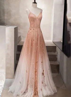 A-Line Spaghetti Strap V-Neck Tulle Long Prom Dress With Beaded  YZ211029
