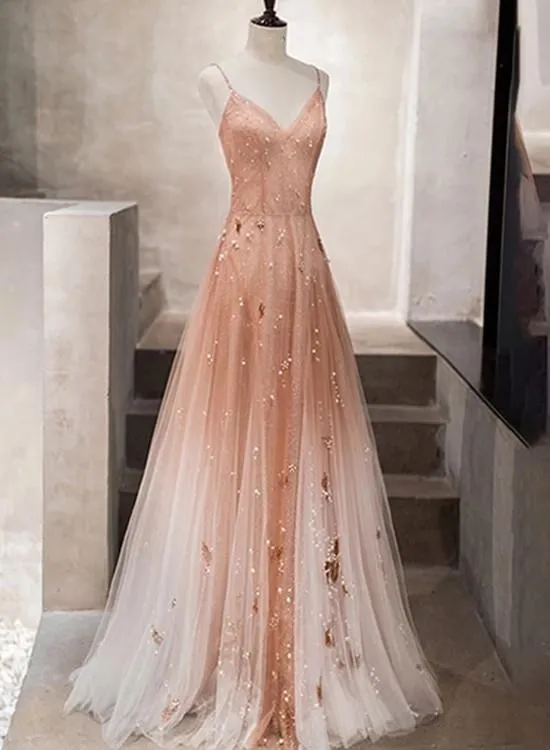 A-Line Spaghetti Strap V-Neck Tulle Long Prom Dress With Beaded  YZ211029