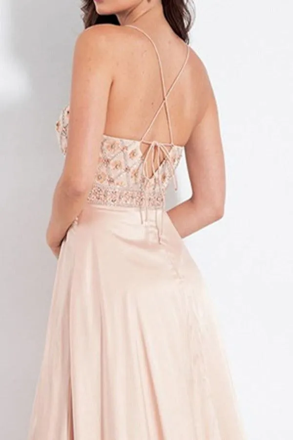 A-Line Spaghetti Straps Pink Elastic Satin Prom Dress with Beading PG670