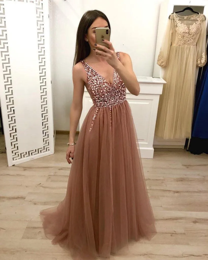 A Line V Neck Tulle Long Beaded Prom Dress Evening Gown TP0182