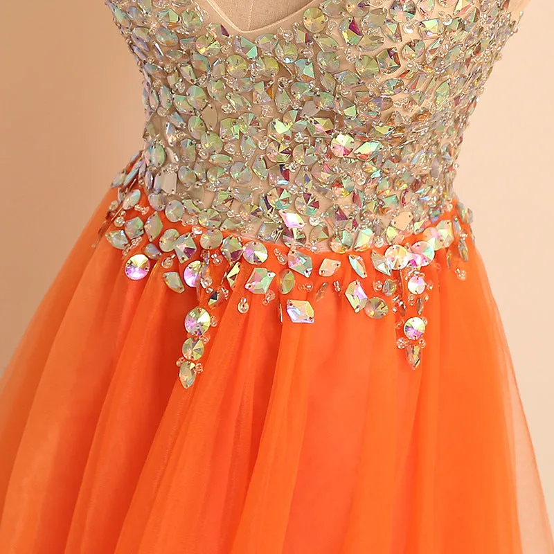 A-line V-neckline Short Tulle Beaded Homecoming Dress, Orange Tulle Short Party Dress