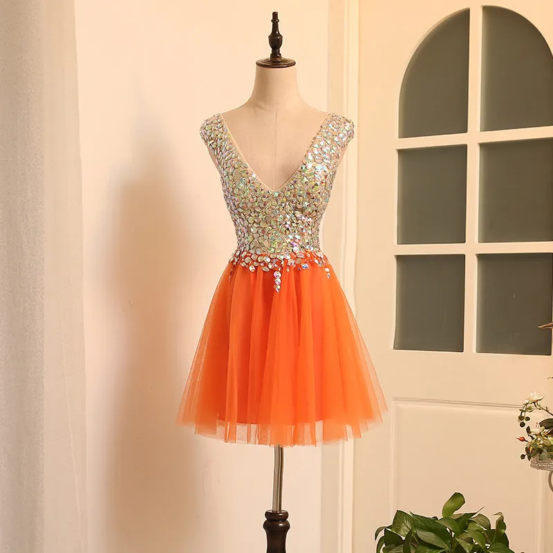 A-line V-neckline Short Tulle Beaded Homecoming Dress, Orange Tulle Short Party Dress