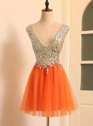 A-line V-neckline Short Tulle Beaded Homecoming Dress, Orange Tulle Short Party Dress